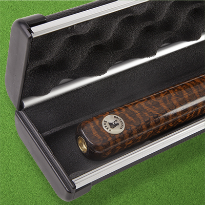 Professional Britannia Pool Cues in cue case on a green table cloth