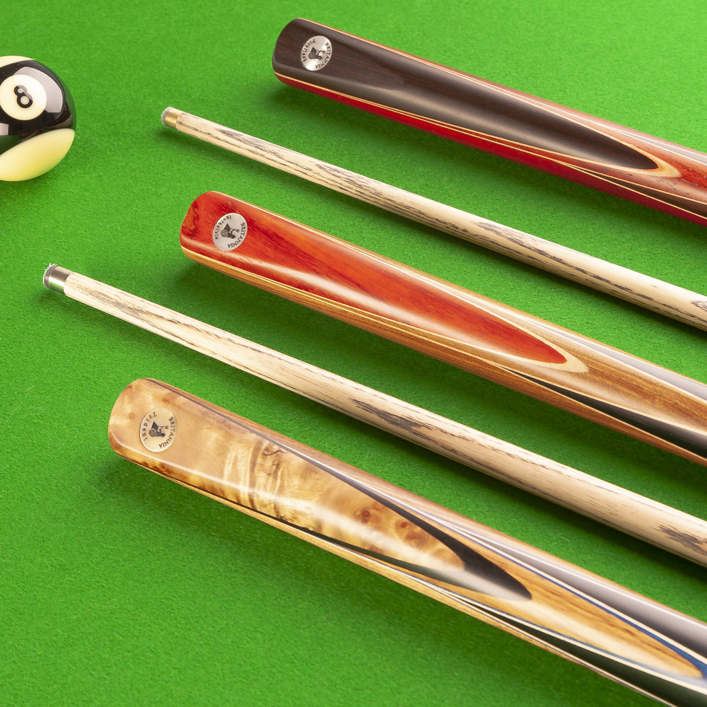 three professional hand spliced fine tipped pool and snooker cues